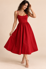Red Fit-and-Flare Pleated Midi Dress