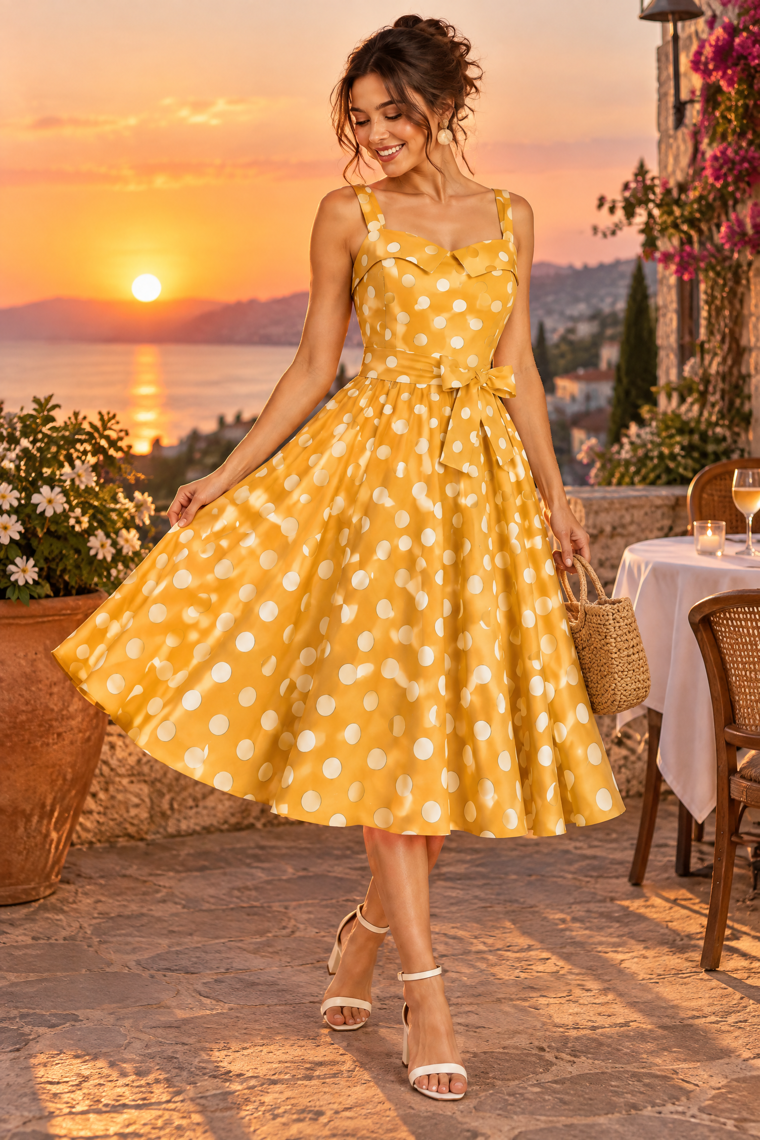 Robe midi jaune à pois et encolure carrée | Deuxième photo lifestyle | Lounelle Paris