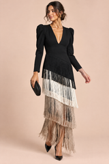 Black Fringed V-Neck Dress