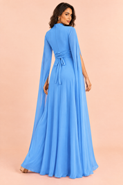 Robe longue bleu roi à encolure carrée et manches cape | Vue de dos | Lounelle Paris