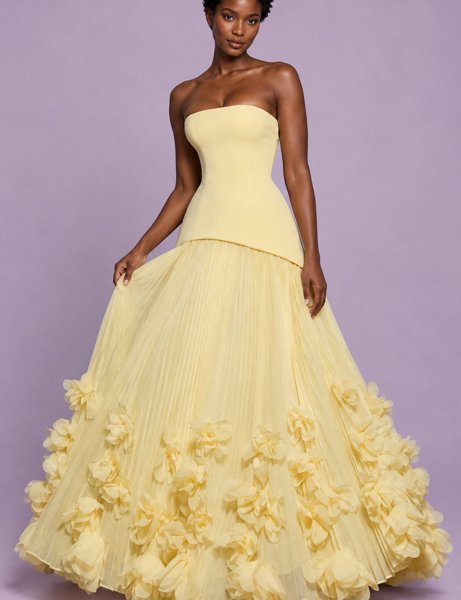 Robe longue bustier plissée jaune | Vue de face | Lounelle Paris
