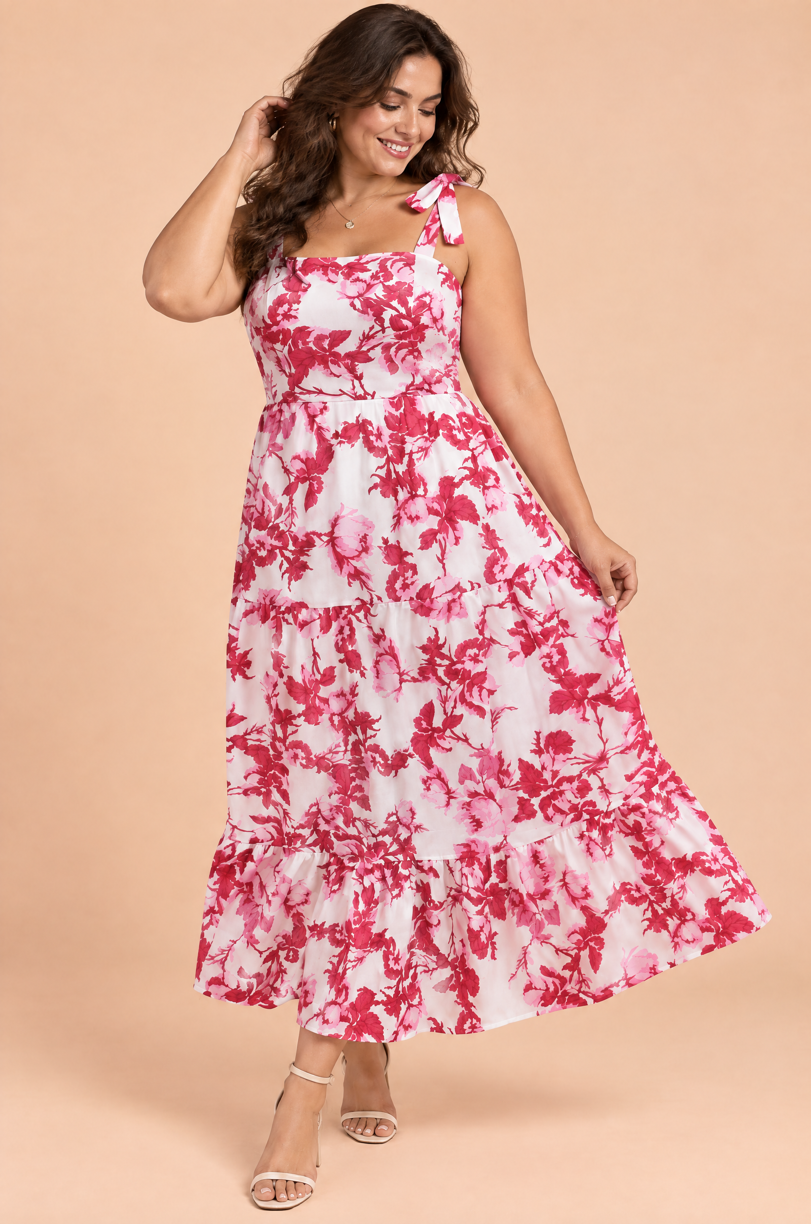 Robe longue rose à volants | Porté sur une silhouette plus ronde | Lounelle Paris