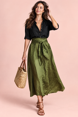 Shirt and Olive Green Tie-Waist Skirt Set