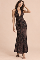 Brown Ruched Halter Maxi Dress