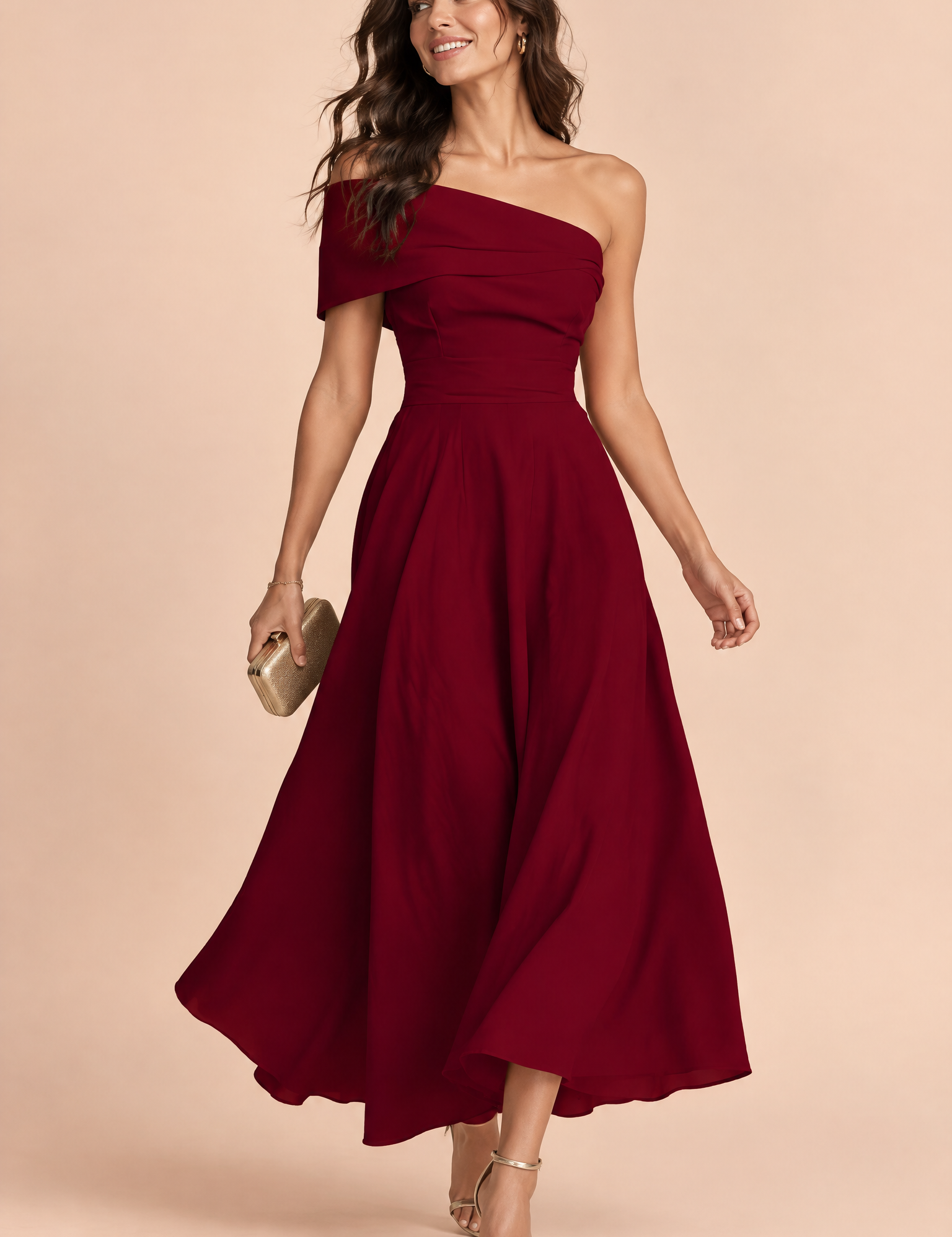 Robe asymétrique bordeaux à épaules dénudées | Vue de face | Lounelle Paris