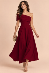 Burgundy Asymmetric Off-Shoulder Dress