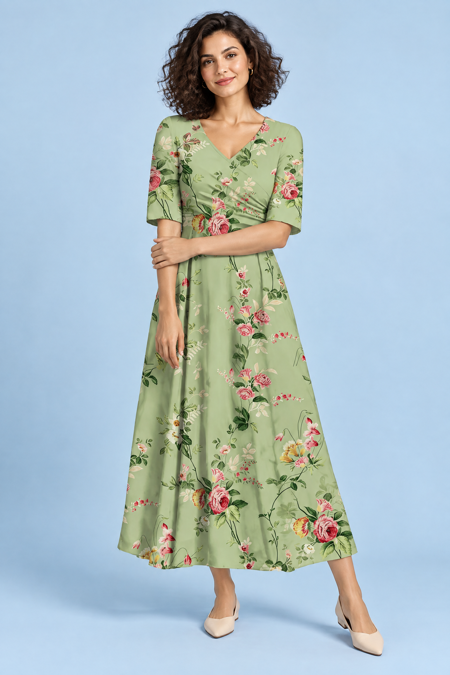 Robe longue verte à col V | Vue de face | Lounelle Paris