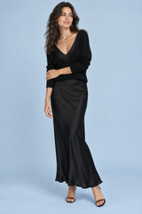 Black Satin Asymmetric-Neck Maxi Dress With Feather Detailing