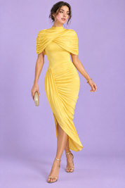 Robe jaune asymétrique drapée | Vue en mouvement | Lounelle Paris