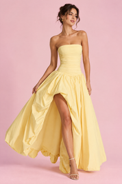 Robe longue jaune froncée sans bretelles | Vue de face | Lounelle Paris