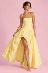 Ruched Yellow Strapless Dress