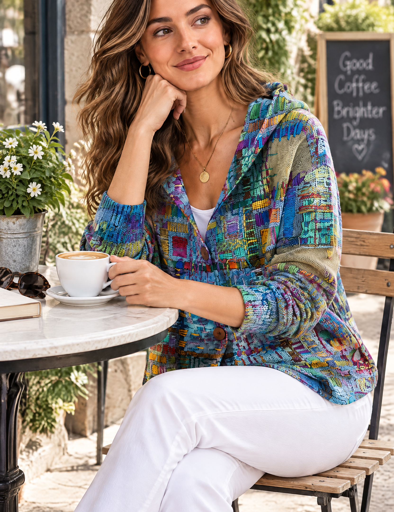 Gilet bleu à capuche boutonné | Photo lifestyle | Lounelle Paris