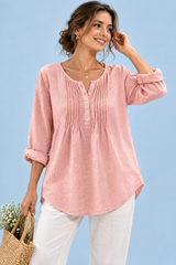 Pink Cotton Scoop-Neck Pleated Blouse