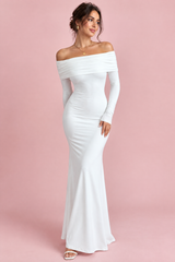 White Asymmetric Draped Off-the-Shoulder Open-Back Maxi Dress
