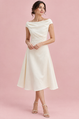 Cream White A-Line Boat-Neck Midi Dress