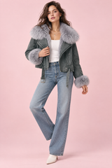Gray Cropped Fitted Fur-Collar Moto Jacket