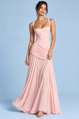 Pink Ruched Square-Neck Fit-and-Flare Dress