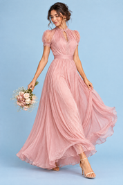 Robe longue rose à volants | Vue en mouvement | Lounelle Paris