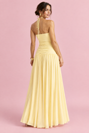 Robe longue jaune clair à encolure carrée et fronces | Vue de dos | Lounelle Paris