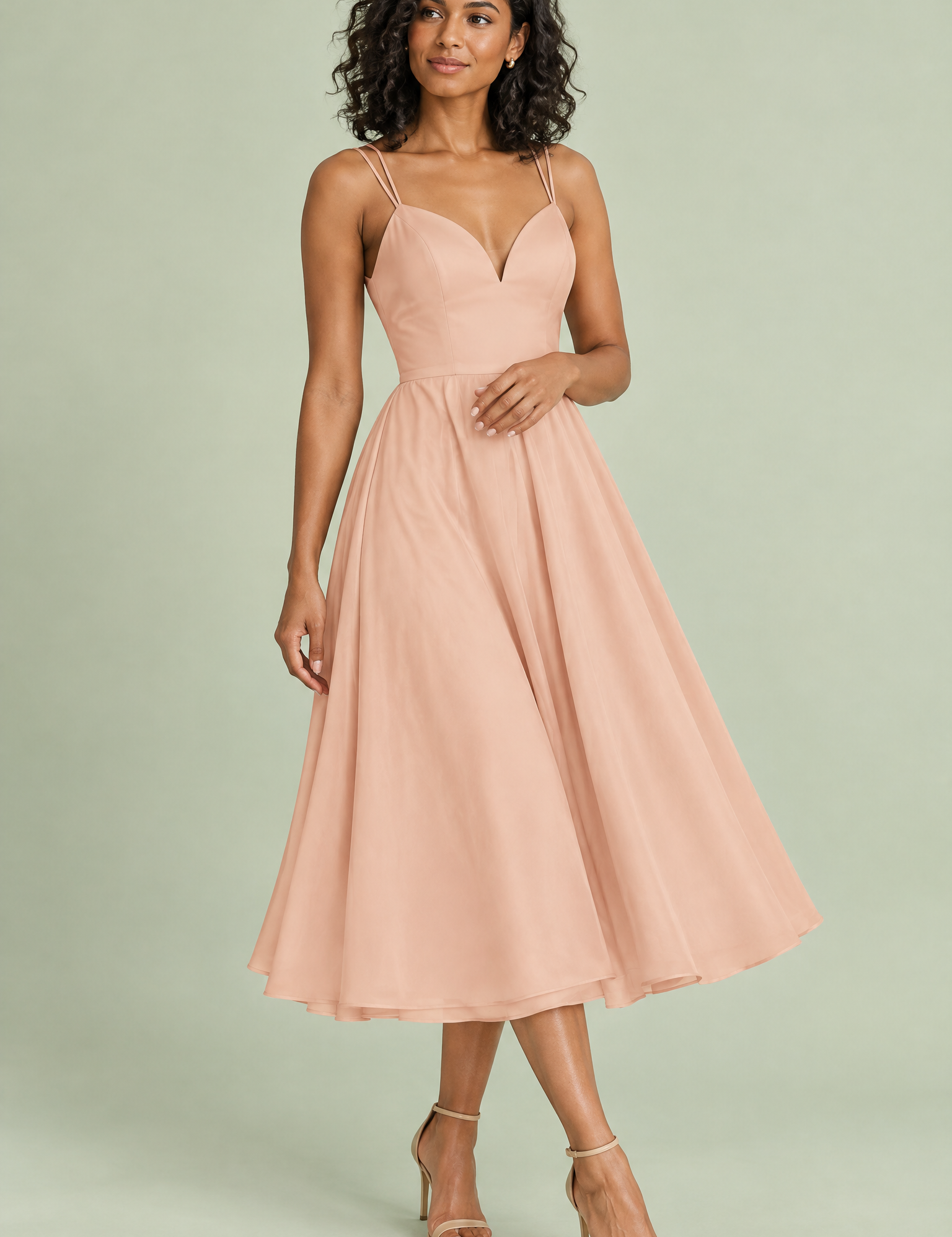 Robe midi beige à fines bretelles et jupe ample | Vue de face | Lounelle Paris