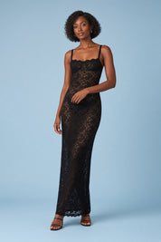 Robe midi moulante en dentelle noire | Vue de face | Lounelle Paris