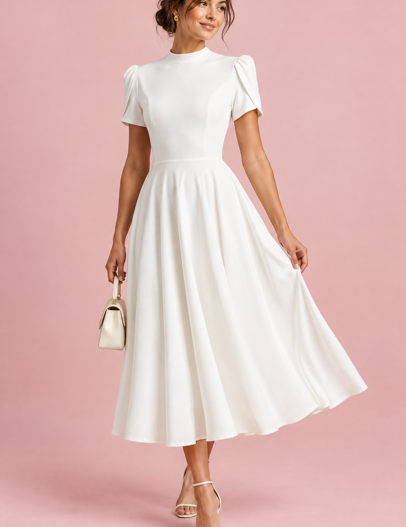 Robe midi blanche à col montant et manches bouffantes | Vue de face | Lounelle Paris