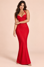Robe longue corset rouge à dos nu | Porté sur une autre silhouette | Lounelle Paris