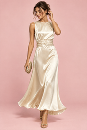 Robe longue champagne à pois froncée | Vue de face | Lounelle Paris