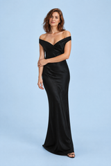 Black Ruched Off-Shoulder Bodycon Satin Maxi Dress