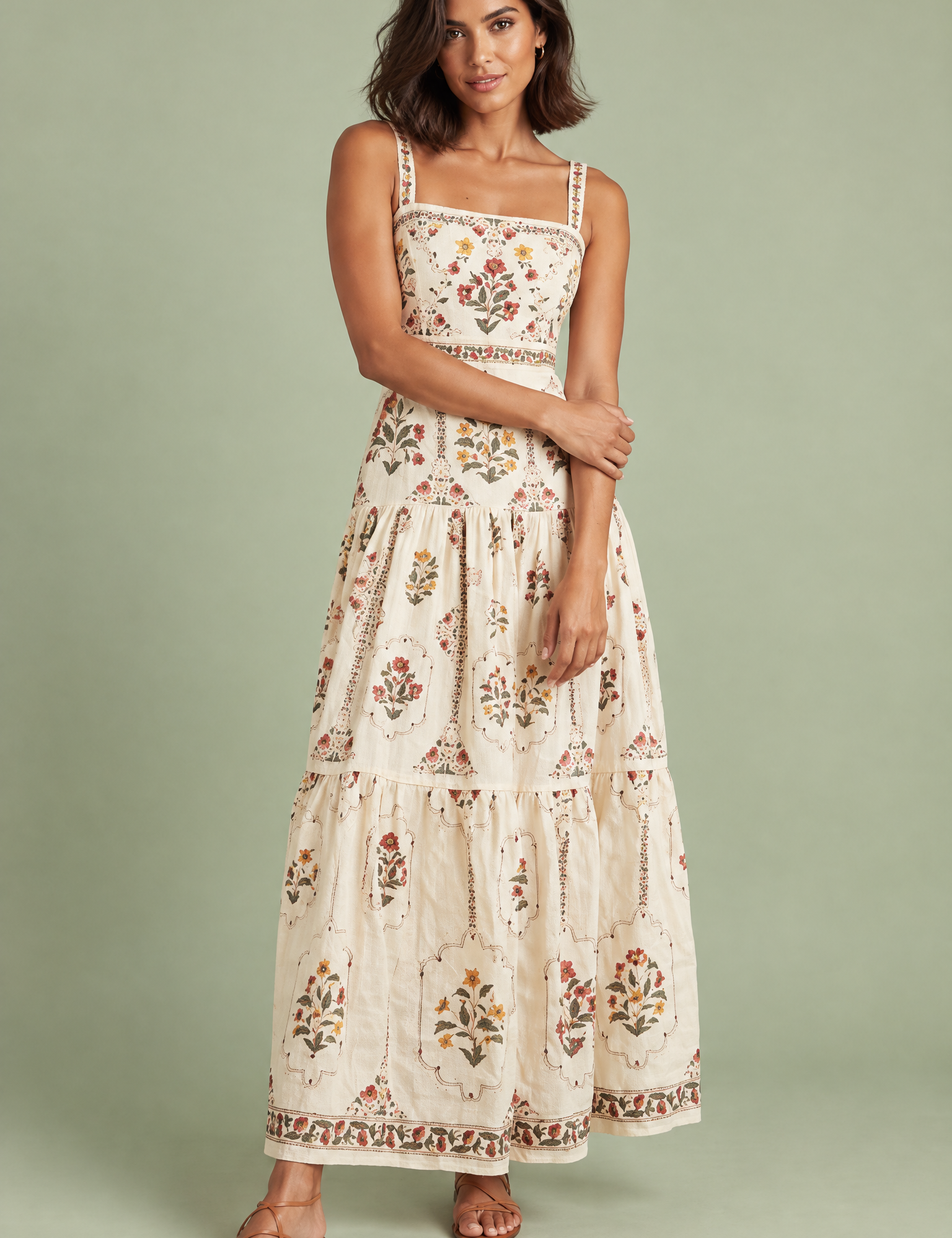 Robe longue écrue fleurie à volants | Vue de face | Lounelle Paris