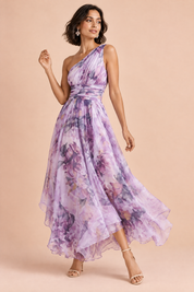 Robe fleurie violette claire à une épaule | Vue de dos | Lounelle Paris