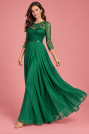 Robe longue verte à empiècement en dentelle | Vue en mouvement | Lounelle Paris