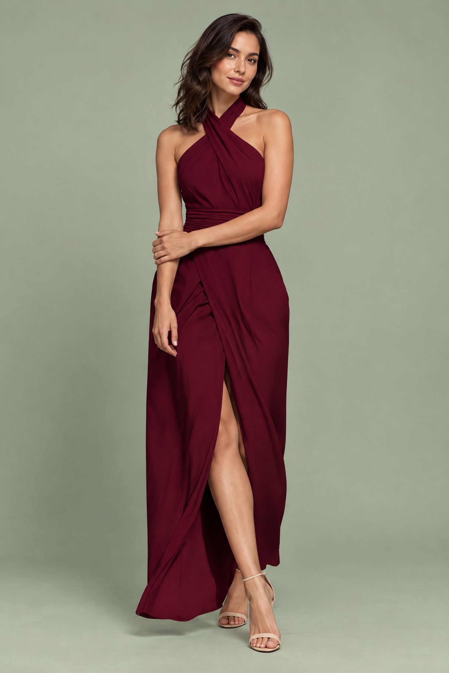 Robe longue bordeaux fendue à col américain | Vue de face | Lounelle Paris