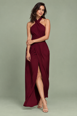 Burgundy Halter Slit Maxi Dress