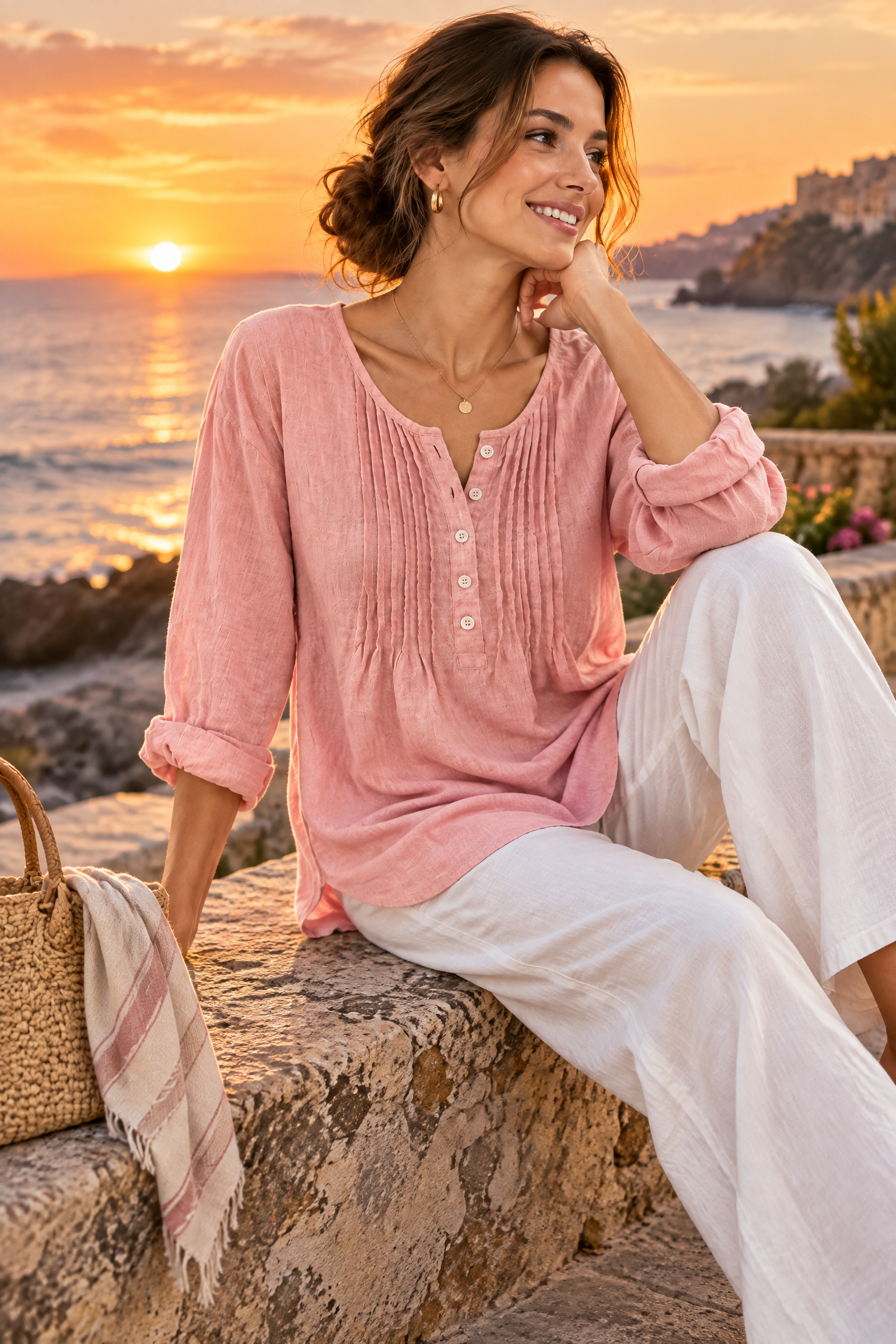 Blouse rose en coton à col rond et patte de boutonnage plissée | Deuxième photo lifestyle | Lounelle Paris