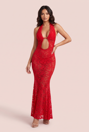 Robe rouge dos nu à encolure américaine | Vue de face | Lounelle Paris