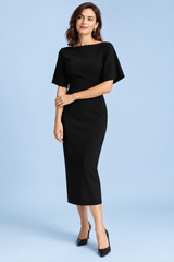 Black Fitted Midi Dress with Boat Neck and Short Sleeves