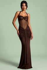 Dark Brown Ruched Halter Maxi Dress