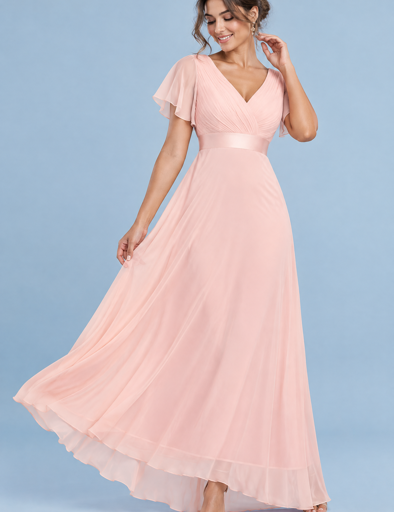 Robe longue plissée rose à col V | Vue de face | Lounelle Paris