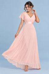 Pink Pleated V-Neck Dress