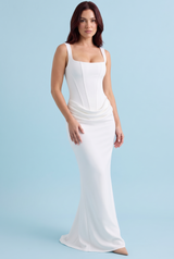 White Ruched Square-Neck Maxi Dress