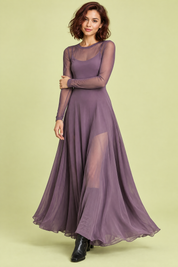 Robe longue violette à empiècements en mesh | Vue de face | Lounelle Paris