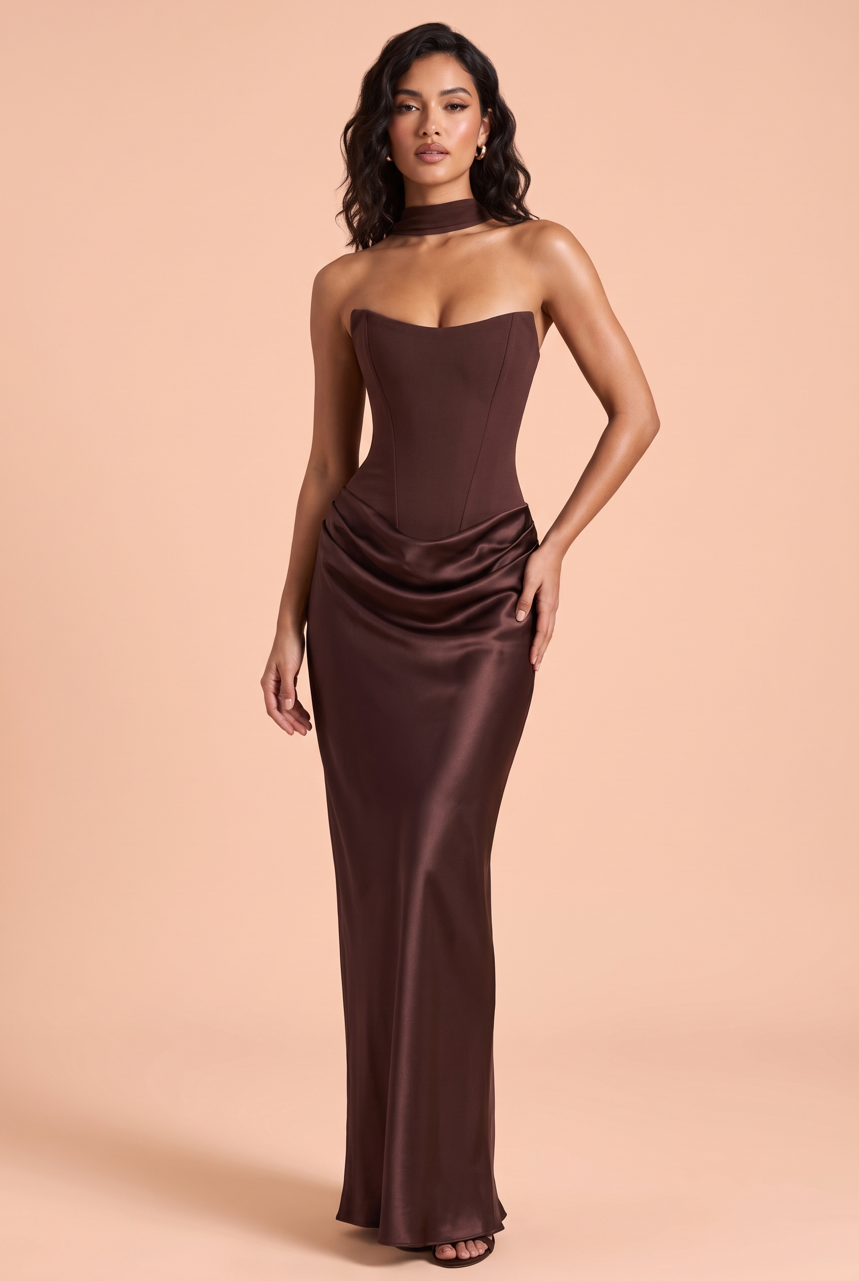 Robe longue corset marron bustier | Vue de face | Lounelle Paris