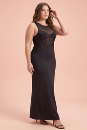 Robe bustier noire à empiècements en résille | Porté sur une autre silhouette | Lounelle Paris