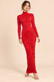 Robe longue rouge froncée à manches longues | Vue de face | Lounelle Paris