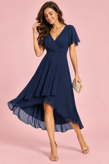 Navy Flutter Sleeve High-Low Dress