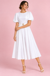 Robe midi blanche à col montant et manches bouffantes | Vue de dos | Lounelle Paris