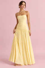Light Yellow Square-Neck Maxi Dress With Ruched-Detailing