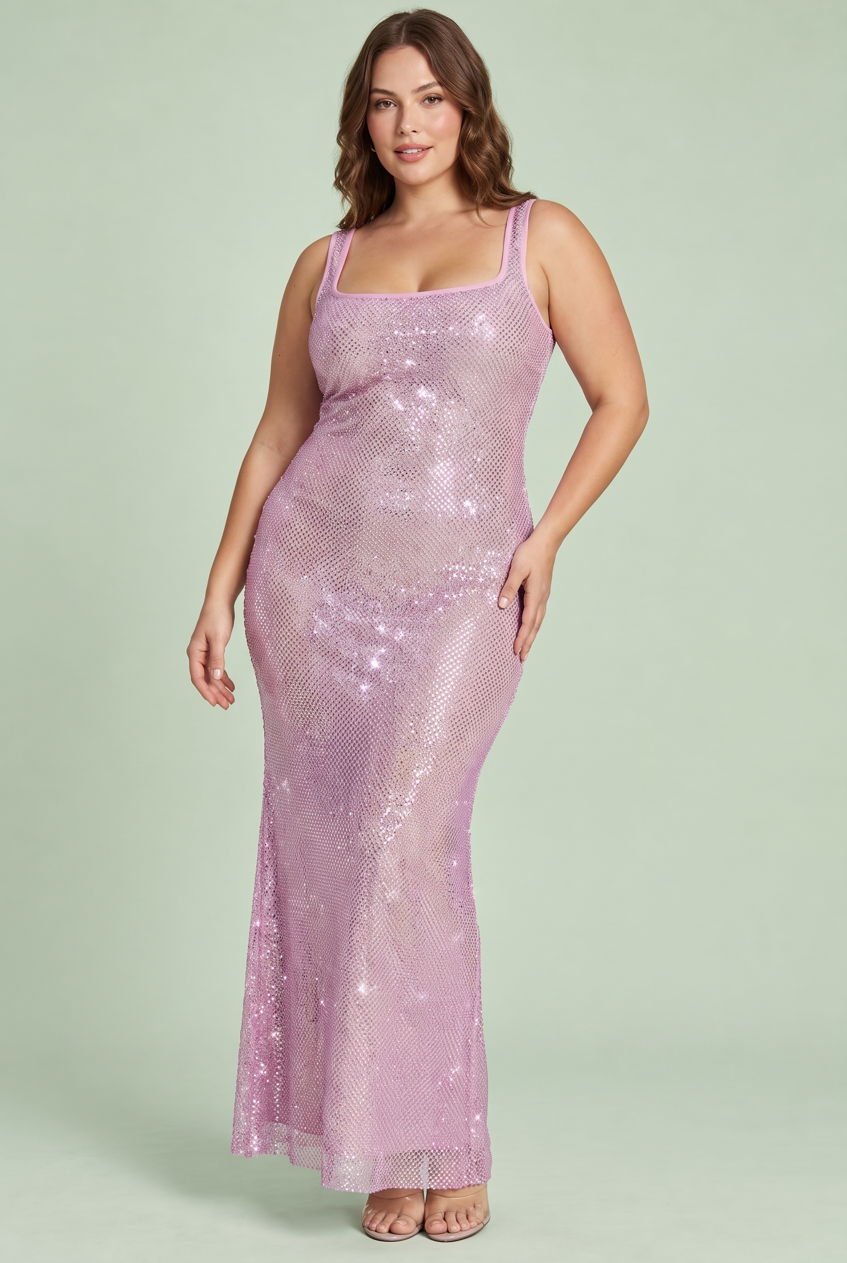 Robe longue rose scintillante à col carré | Porté sur une autre silhouette | Lounelle Paris