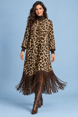 Leopard Print Maxi Fringe Trim Dress